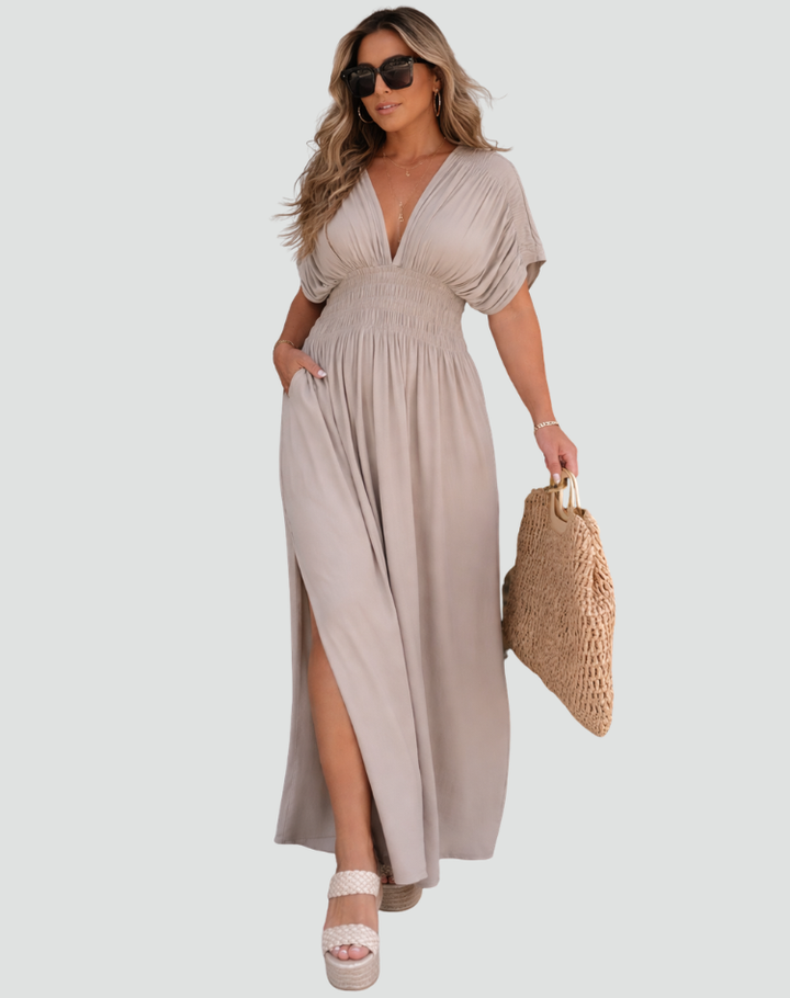 Summer boho maxi dress with slit and V-neck for the beach