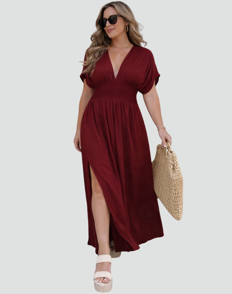 Summer boho maxi dress with slit and V-neck for the beach