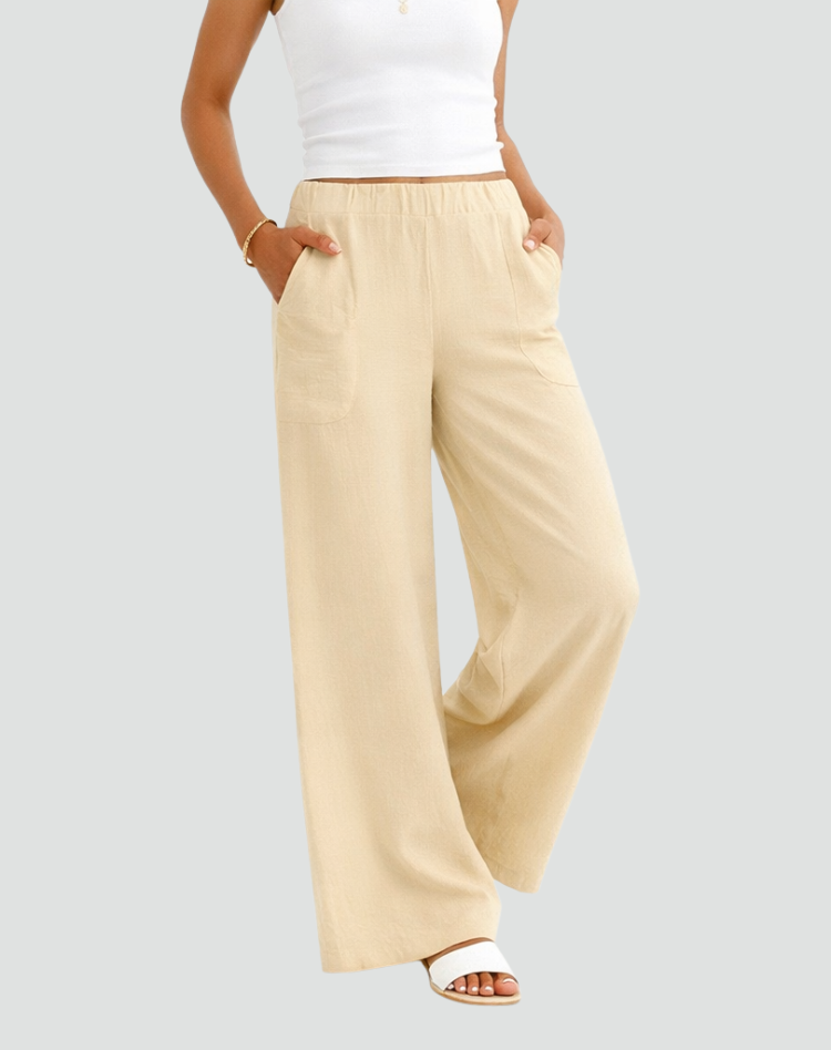 Summer pants with wide legs and an elastic waistband