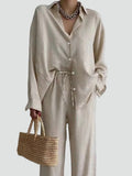 Women's linen set with an oversized shirt and loose pants