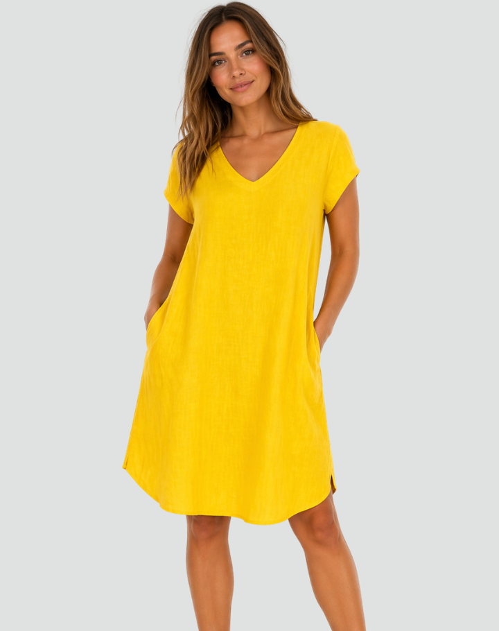 Women's linen summer dress with a V-neck and loose fit