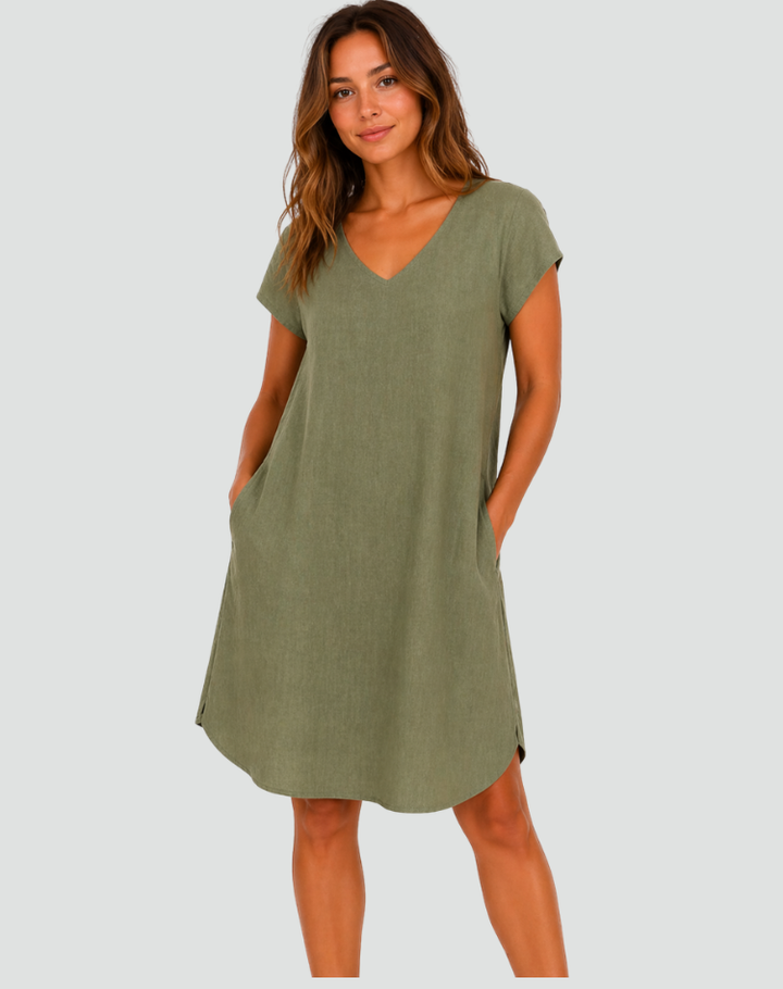 Women's linen summer dress with a V-neck and loose fit