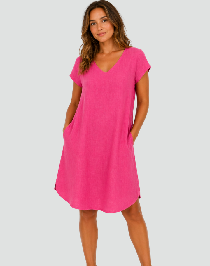 Women's linen summer dress with a V-neck and loose fit