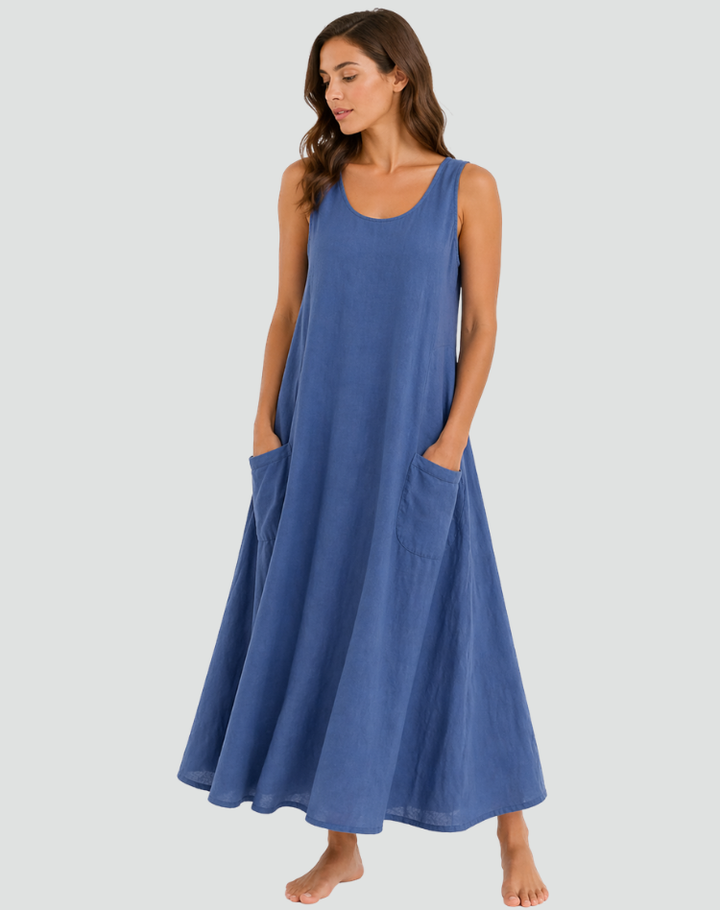 Women's loose maxi linen dress with practical pockets