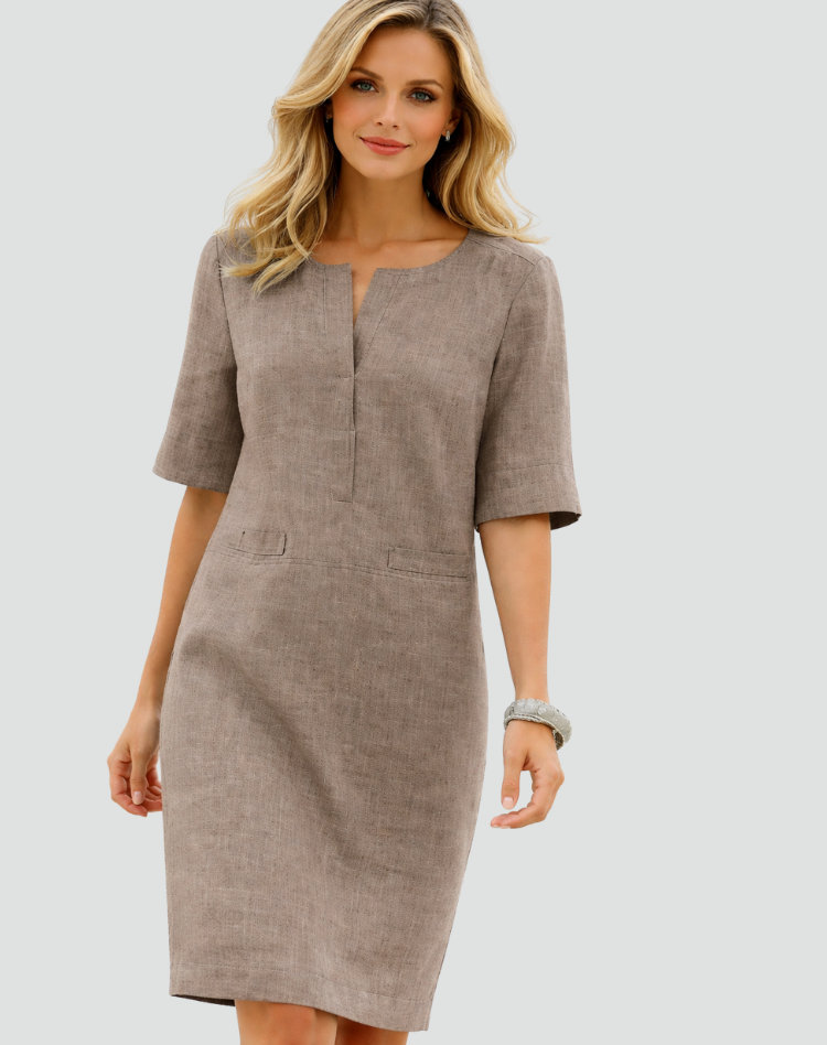 Simple women's linen midi dress with 3/4 sleeves and pockets