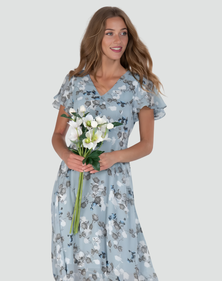 Robe longue pour femme à fleurs avec volant et encolure en V