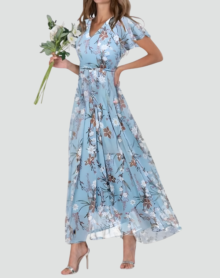 Robe longue pour femme à fleurs avec volant et encolure en V