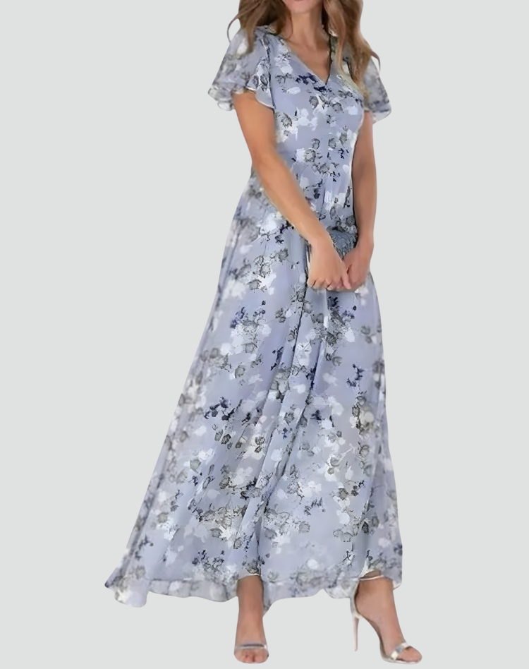 Robe longue pour femme à fleurs avec volant et encolure en V