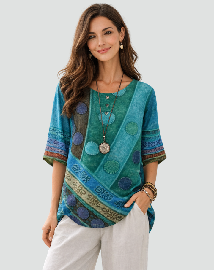 Loose boho women's blouse with print and round neckline