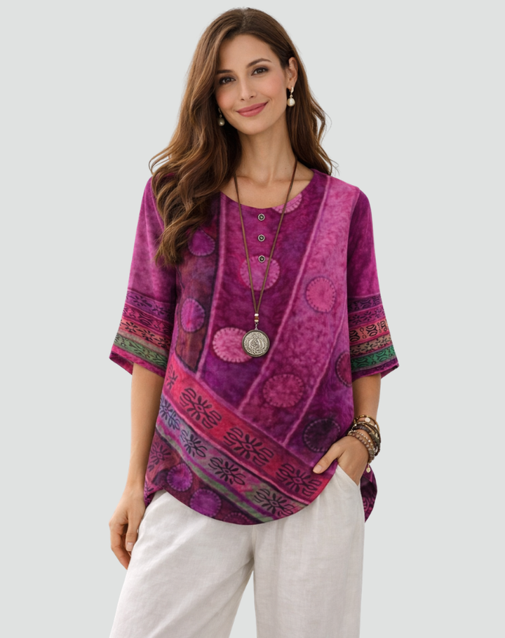 Loose boho women's blouse with print and round neckline