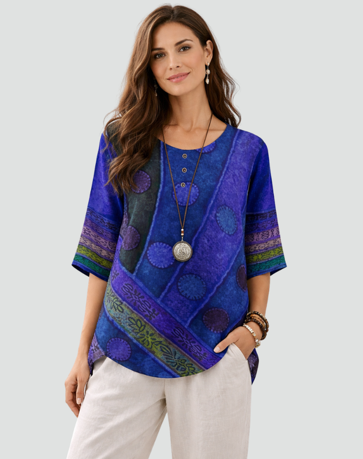 Loose boho women's blouse with print and round neckline