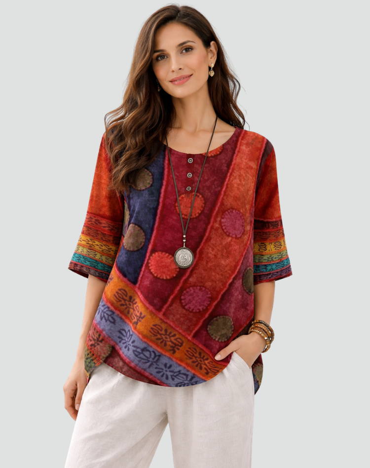 Loose boho women's blouse with print and round neckline