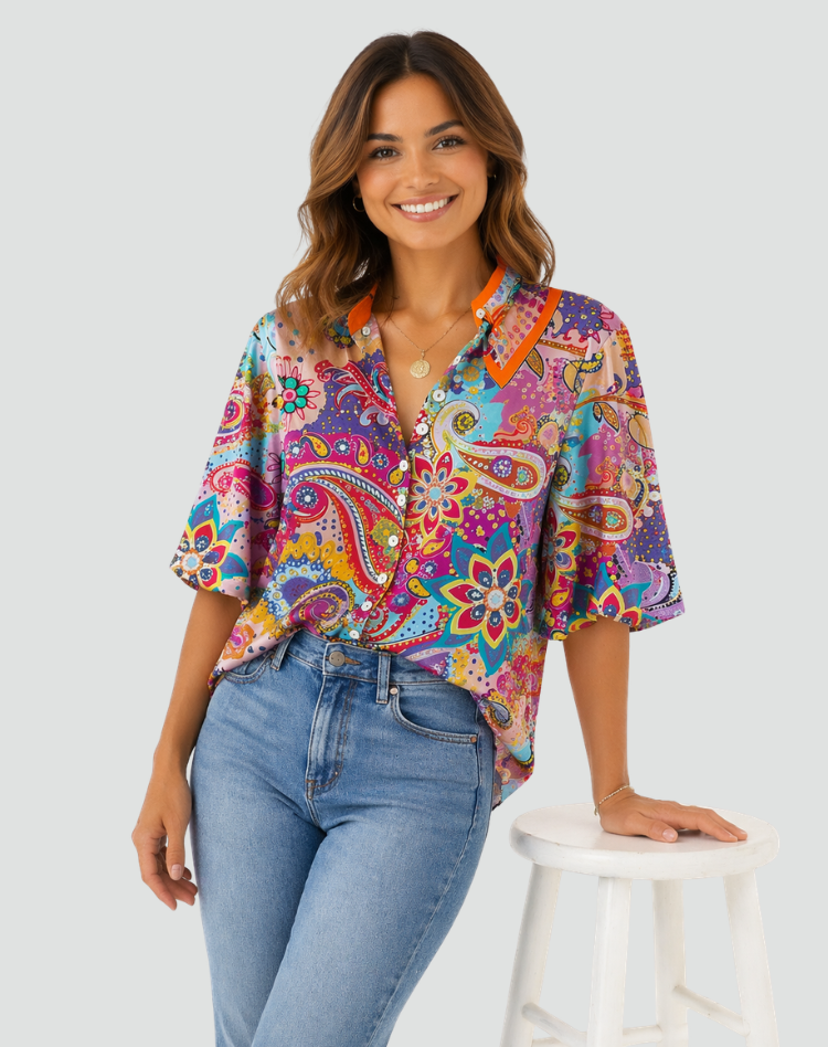 Loose paisley blouse in boho style with puff sleeve