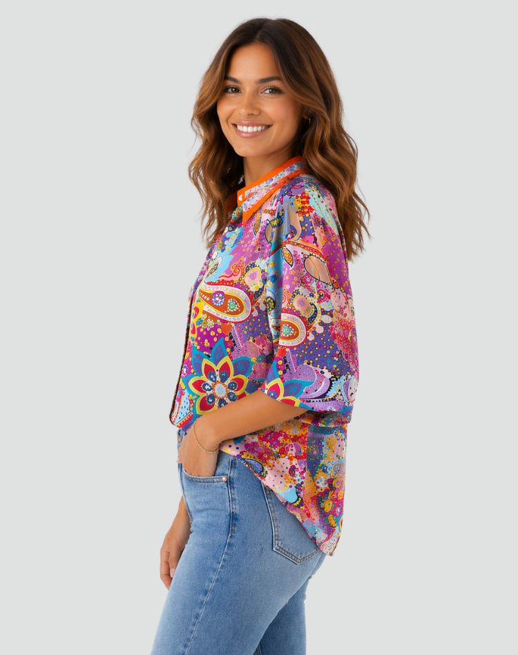 Loose paisley blouse in boho style with puff sleeve