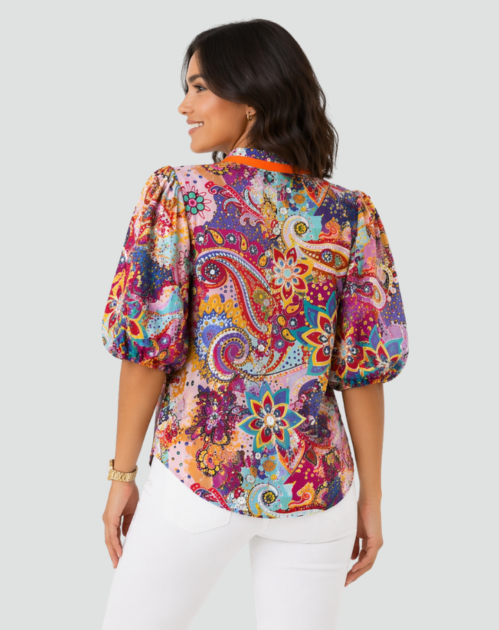 Loose paisley blouse in boho style with puff sleeve