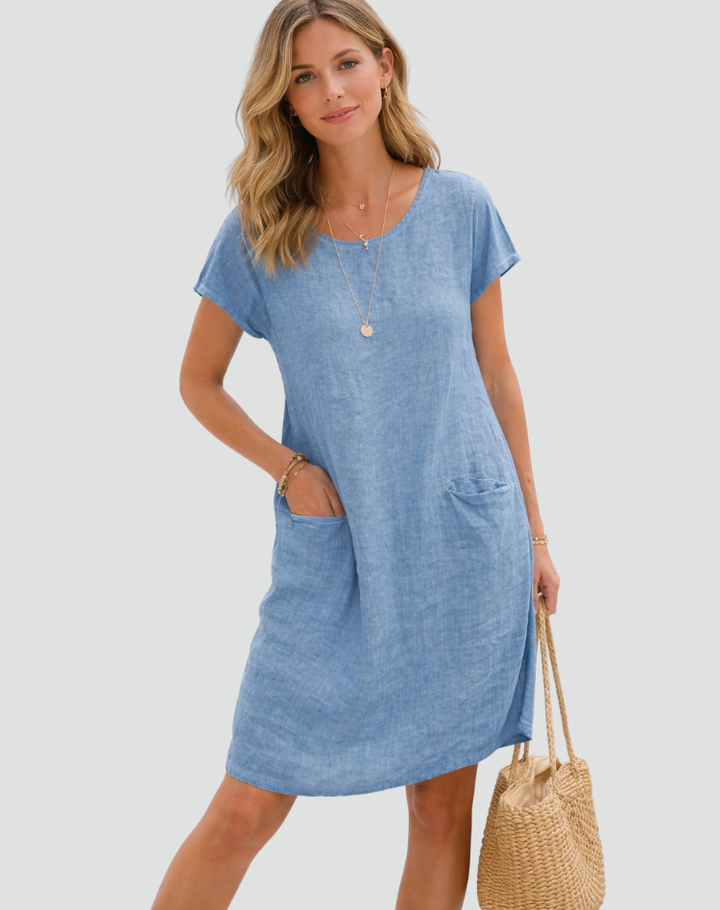 Loose women's linen mini dress with pockets for summer