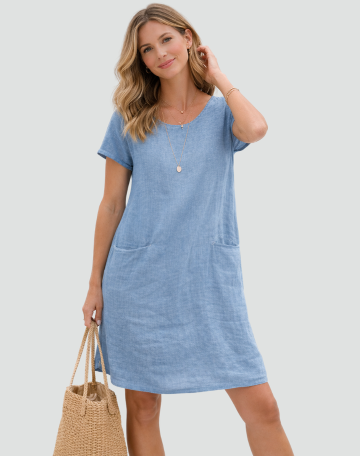 Loose women's linen mini dress with pockets for summer