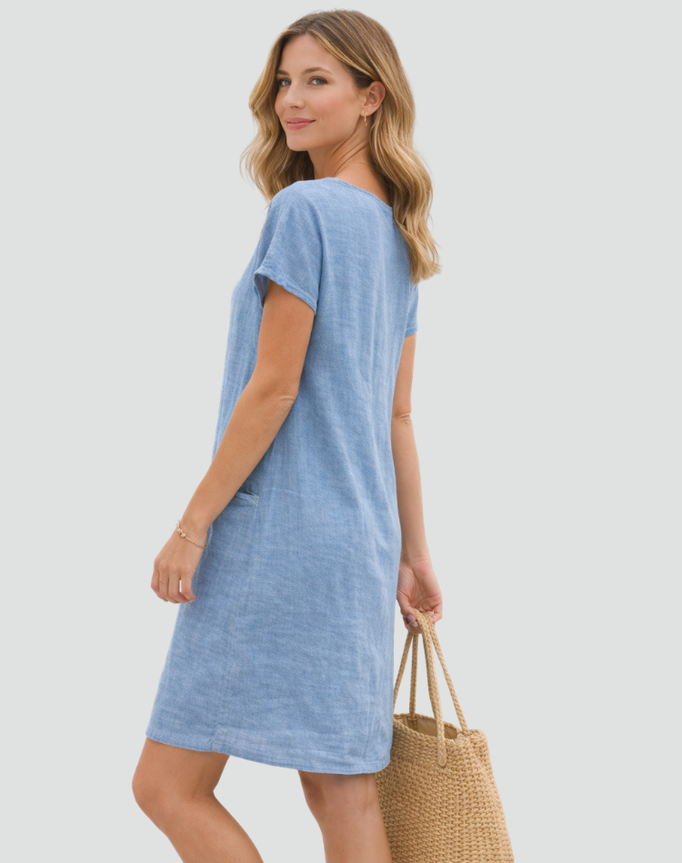 Loose women's linen mini dress with pockets for summer