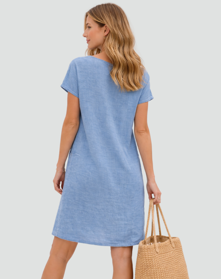 Loose women's linen mini dress with pockets for summer