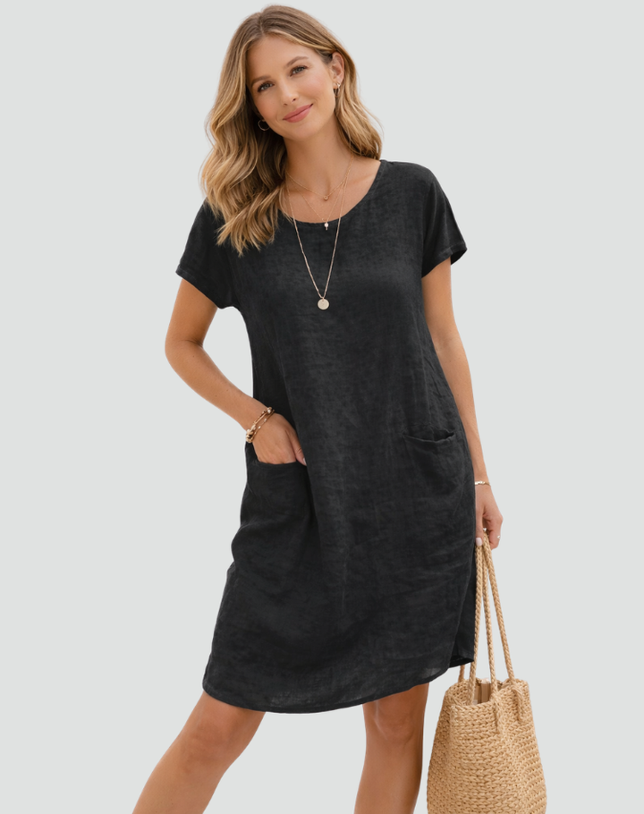 Loose women's linen mini dress with pockets for summer