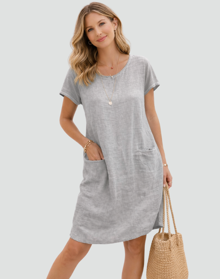 Loose women's linen mini dress with pockets for summer
