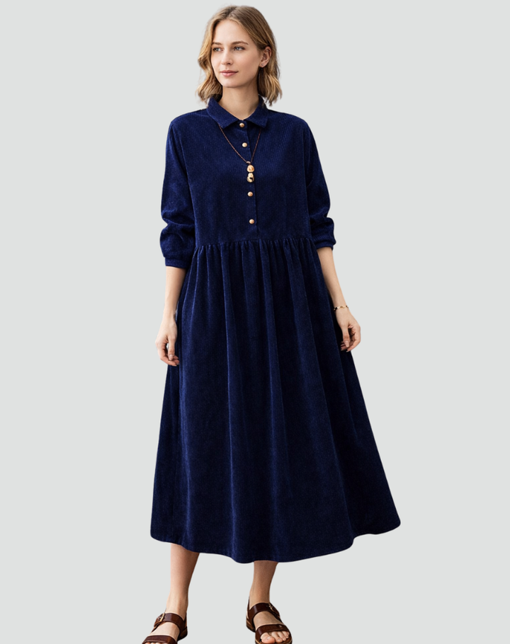 Luźna sukienka midi damska koszulowa sztruksowa party