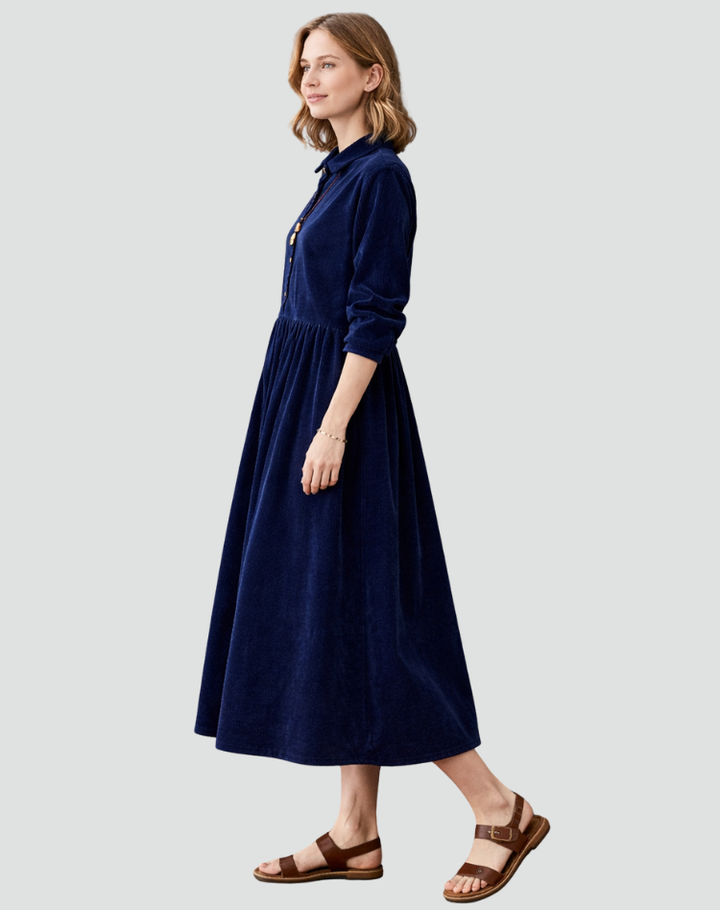 Luźna sukienka midi damska koszulowa sztruksowa party