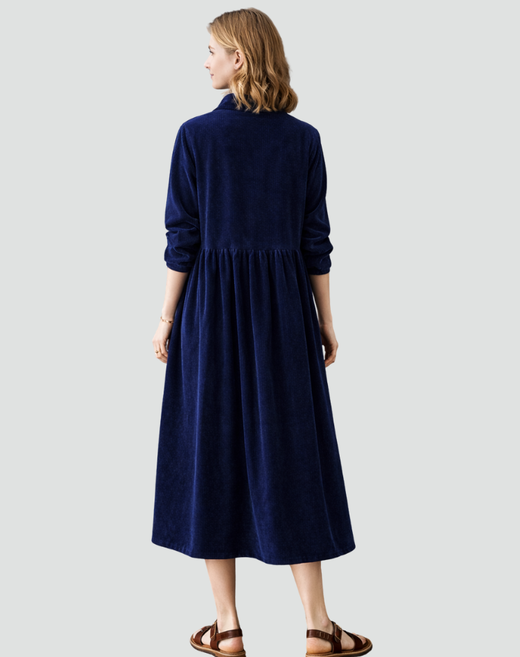 Luźna sukienka midi damska koszulowa sztruksowa party