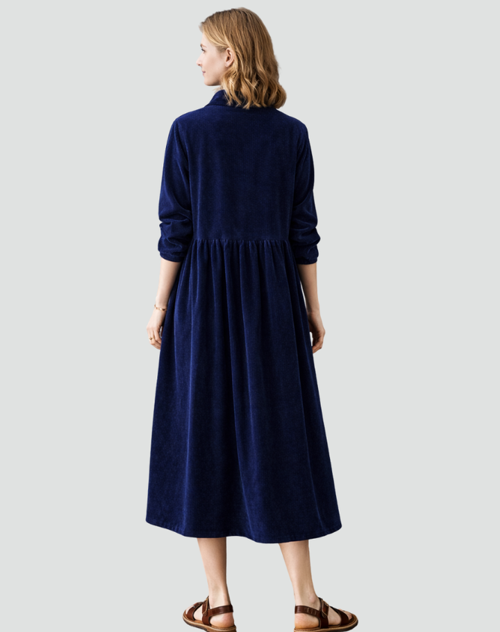 Luźna sukienka midi damska koszulowa sztruksowa party