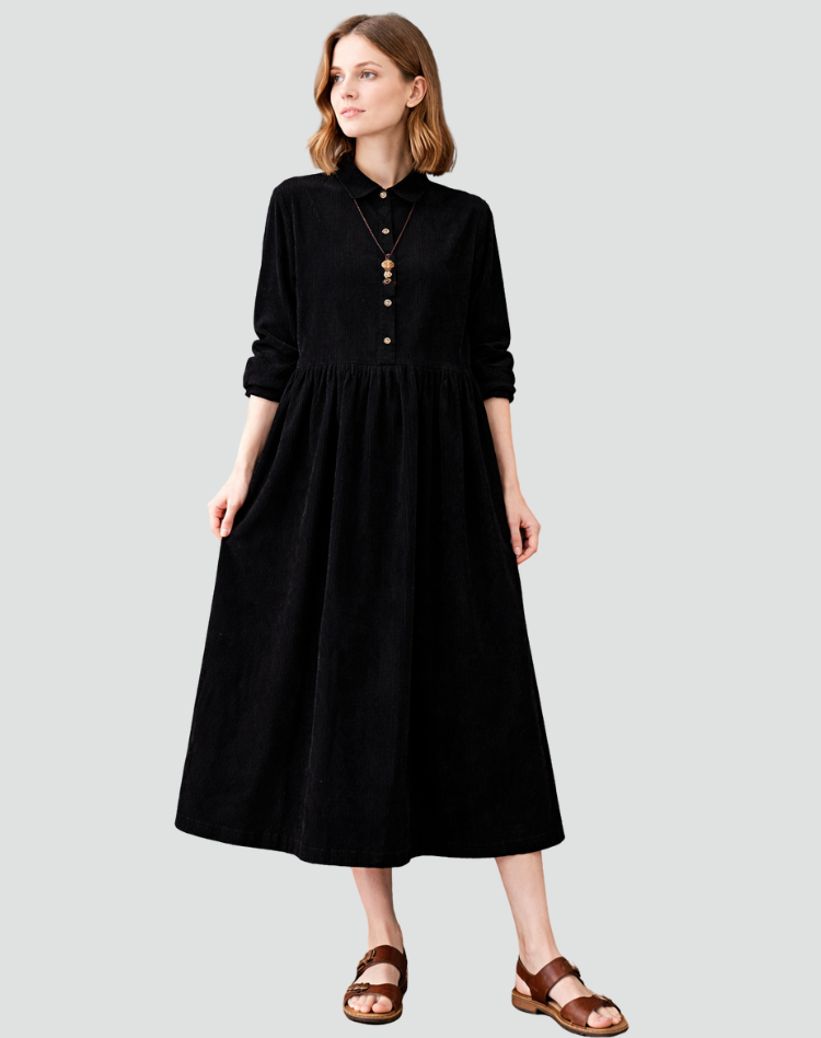 Luźna sukienka midi damska koszulowa sztruksowa party