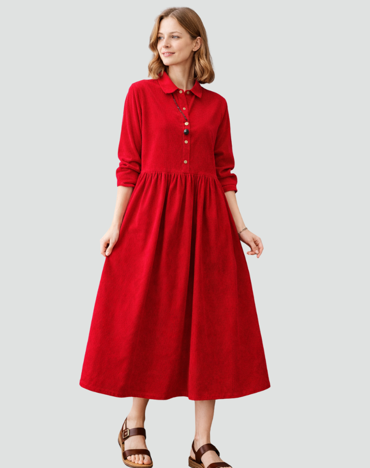 Luźna sukienka midi damska koszulowa sztruksowa party