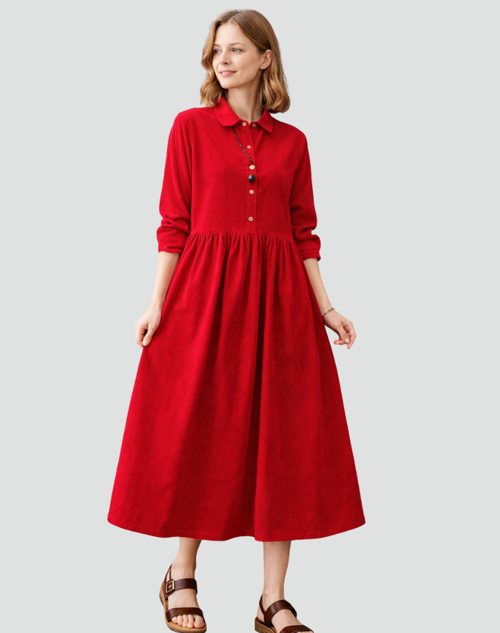 Luźna sukienka midi damska koszulowa sztruksowa party