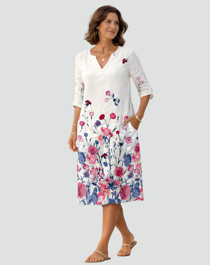 Luźna sukienka z kwiatowym nadrukiem i dekoltem V