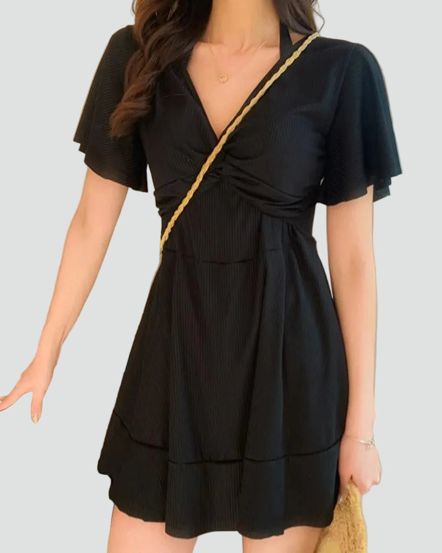 Formal mini wrap dress with ruffle and wide sleeve