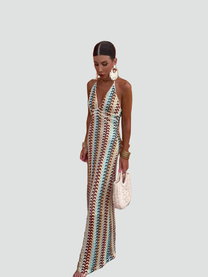 Multicolored women's boho-style halter maxi dress