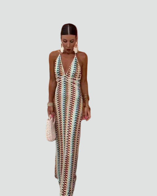 Multicolored women's boho-style halter maxi dress