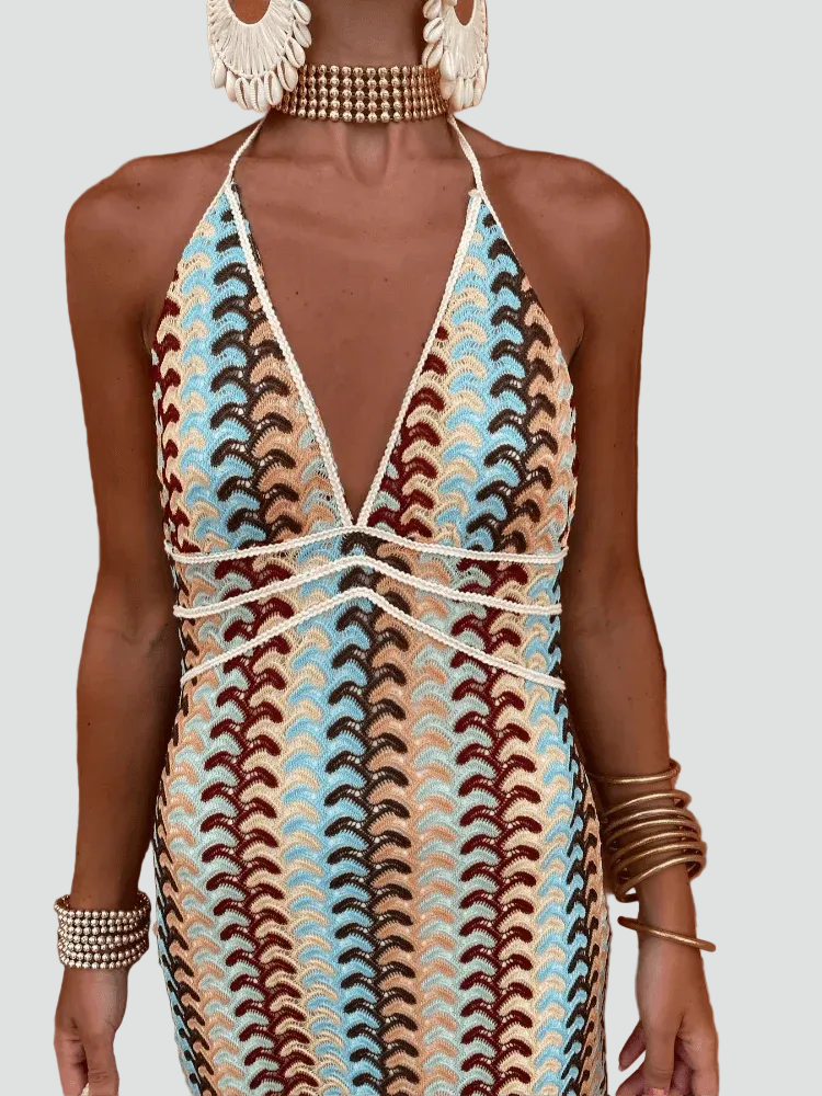 Multicolored women's boho-style halter maxi dress