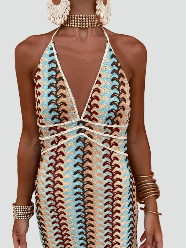 Multicolored women's boho-style halter maxi dress