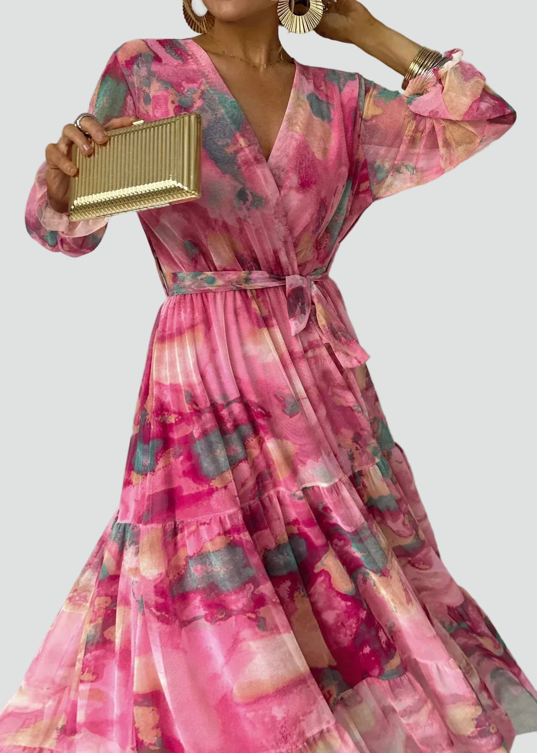 Pink floral wrap maxi dress with belt for women