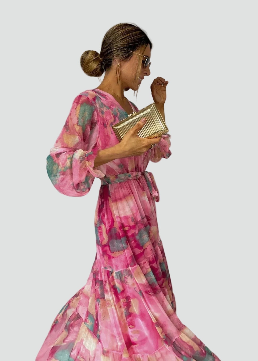 Pink floral wrap maxi dress with belt for women