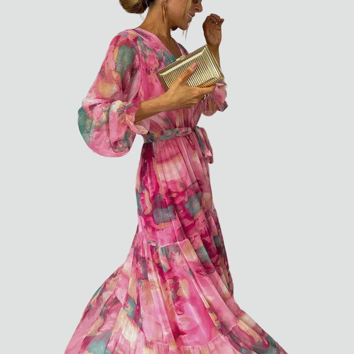 Pink floral wrap maxi dress with belt for women