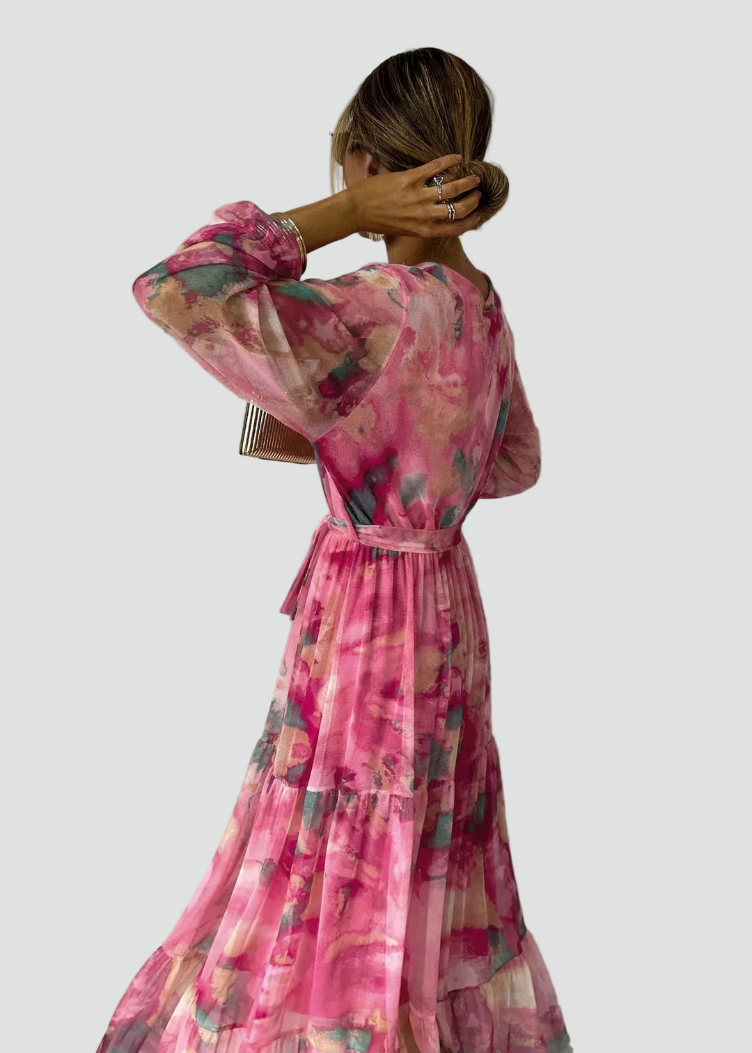 Pink floral wrap maxi dress with belt for women