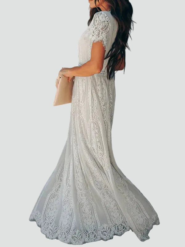 White lace maxi dress with V-neck and short sleeves