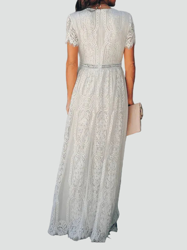 White lace maxi dress with V-neck and short sleeves