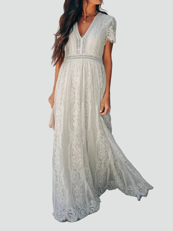 White lace maxi dress with V-neck and short sleeves