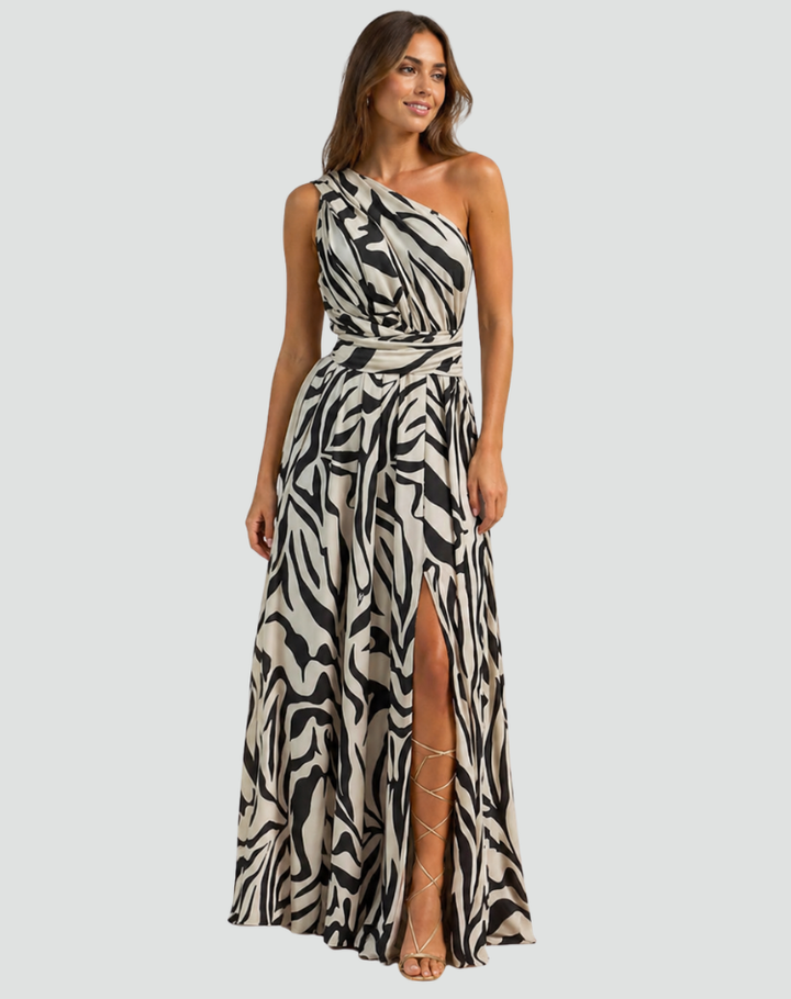 One-shoulder maxi dress in zebra print with slit and waist tie