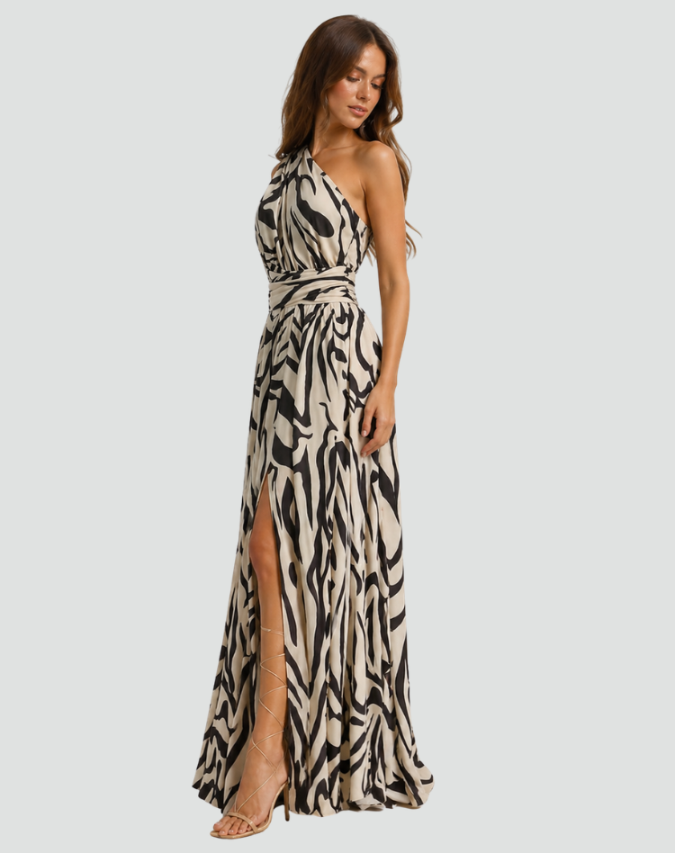 One-shoulder maxi dress in zebra print with slit and waist tie