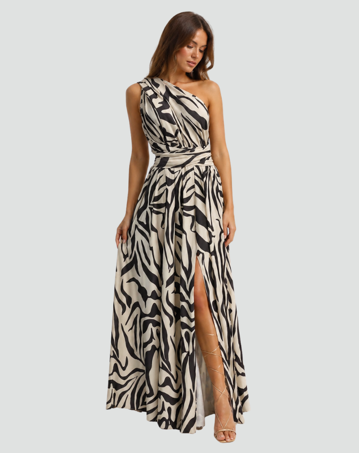 One-shoulder maxi dress in zebra print with slit and waist tie