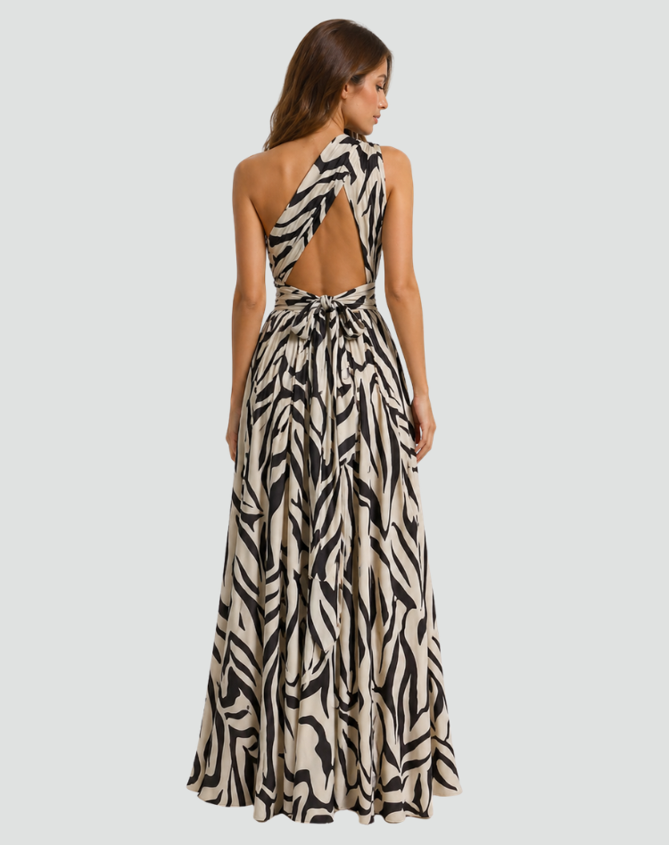 One-shoulder maxi dress in zebra print with slit and waist tie