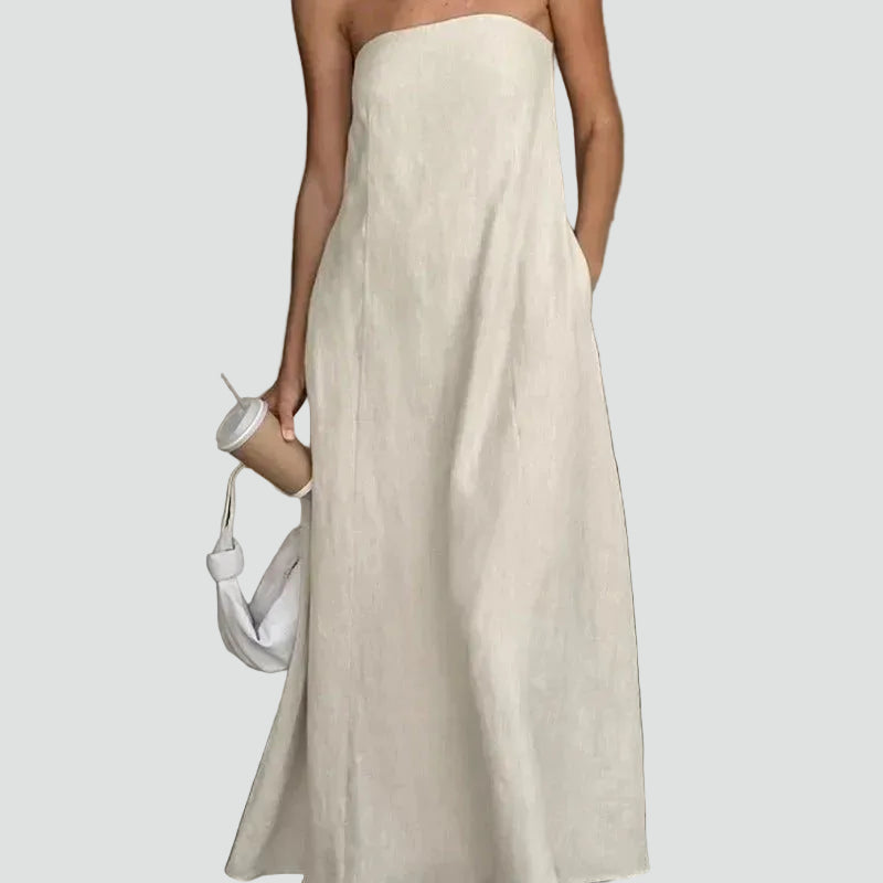 Beige elegant women's strapless maxi dress
